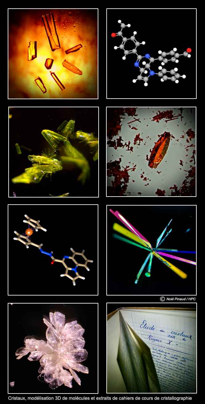 Cristaux, modélisation 3D et extraits de cahiers de cours de cristallographie © Noël Pinaud